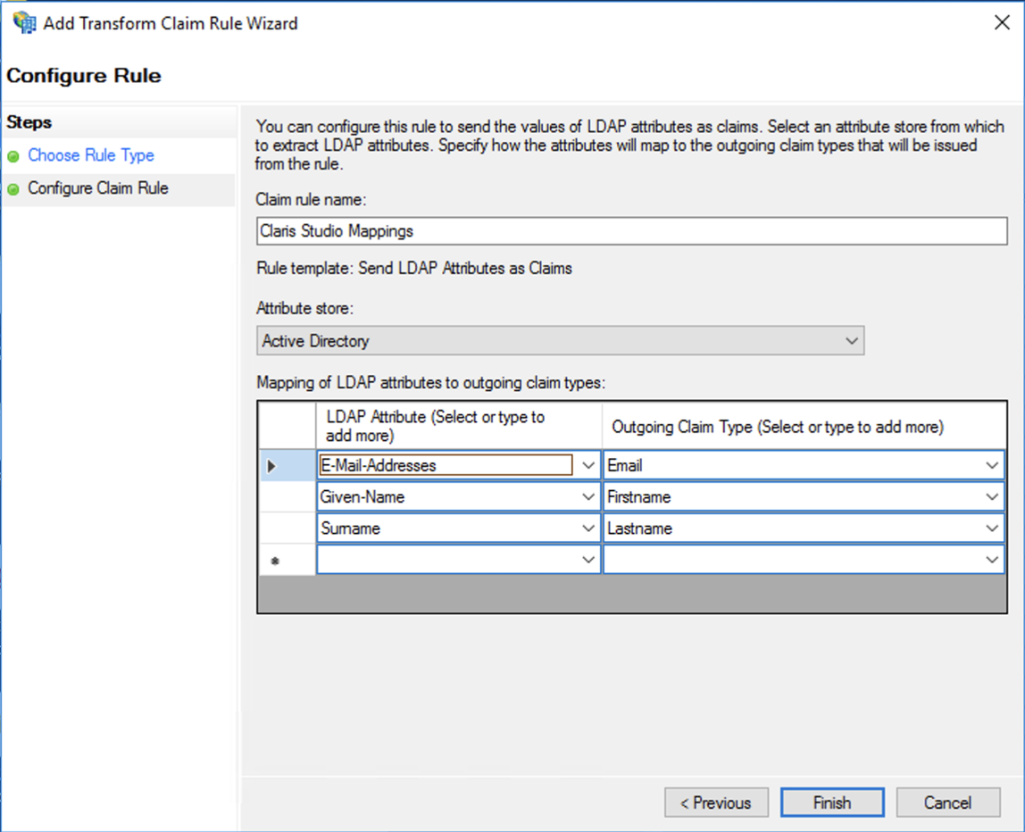 AD FS (Active Directory Federation Services)、変換要求規則の追加ウィザード、規則の構成