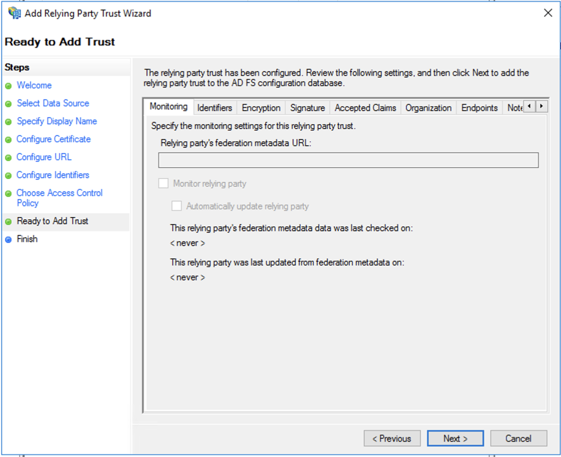 AD FS (Active Directory Federation Services)、証明書利用者信頼ウィザード、信頼の追加の準備完了