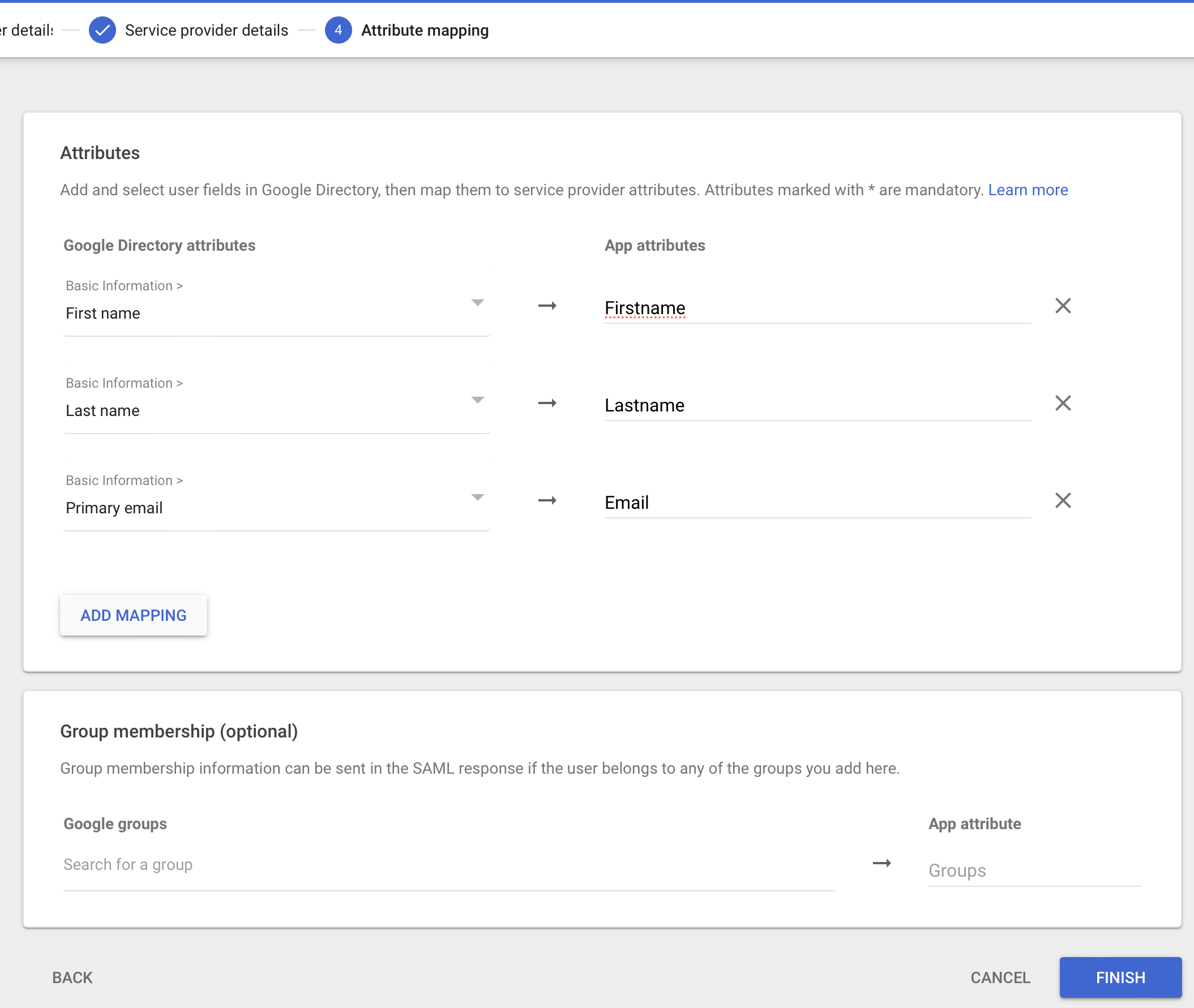 Google Workspace SAML、属性マッピング