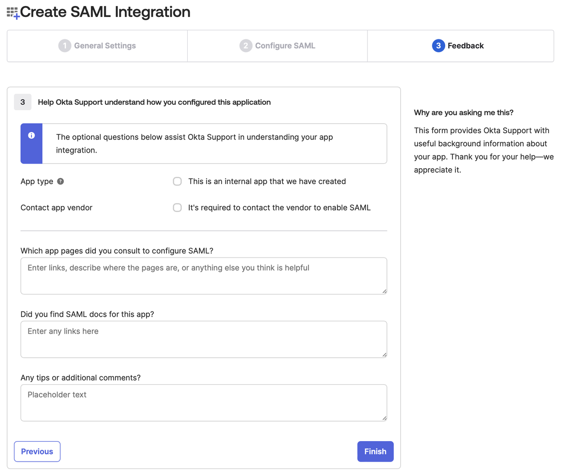 Okta、SAML 統合を作成、完了
