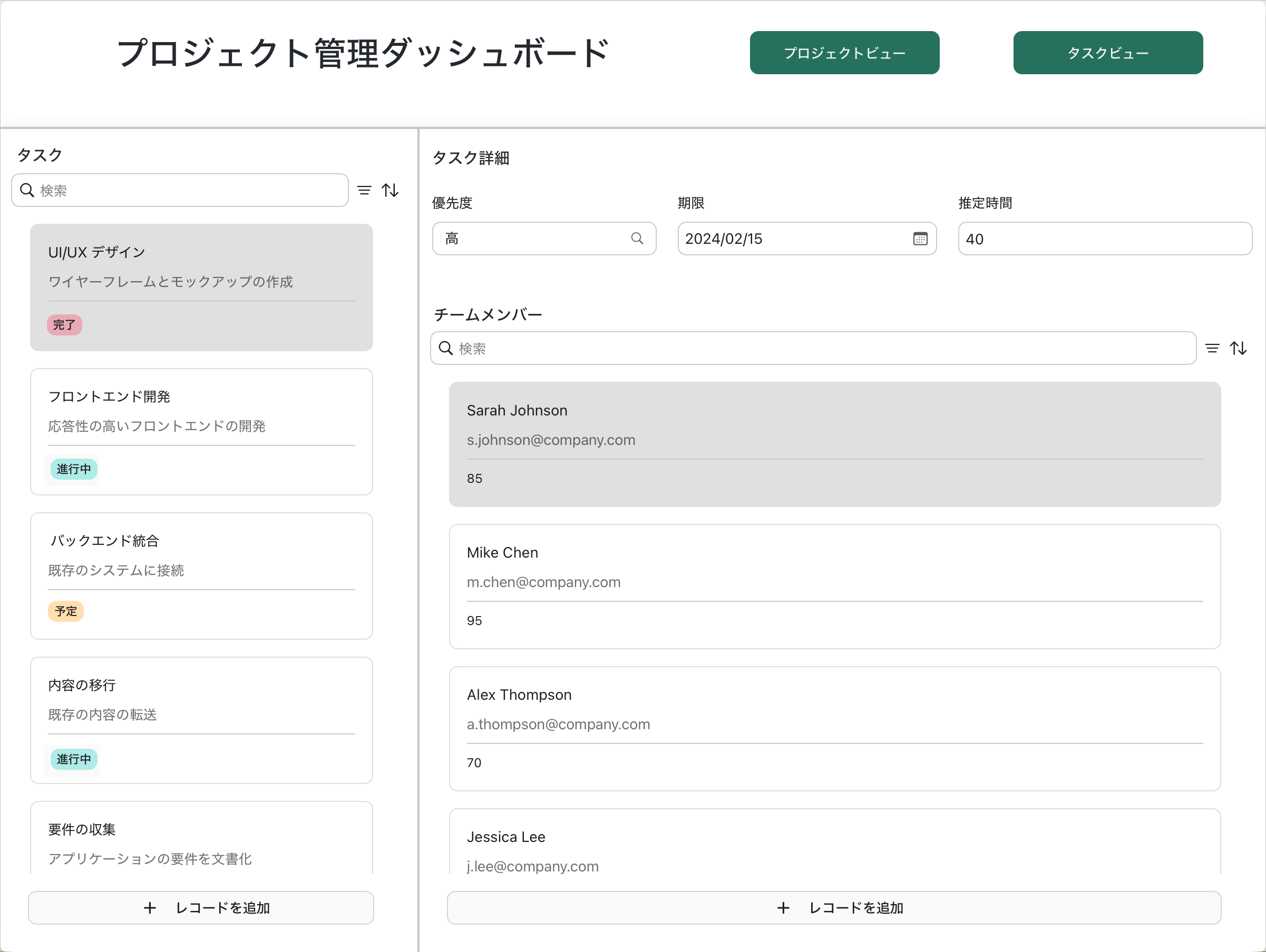フレームの例、プロジェクト管理ダッシュボード、タスクビュー