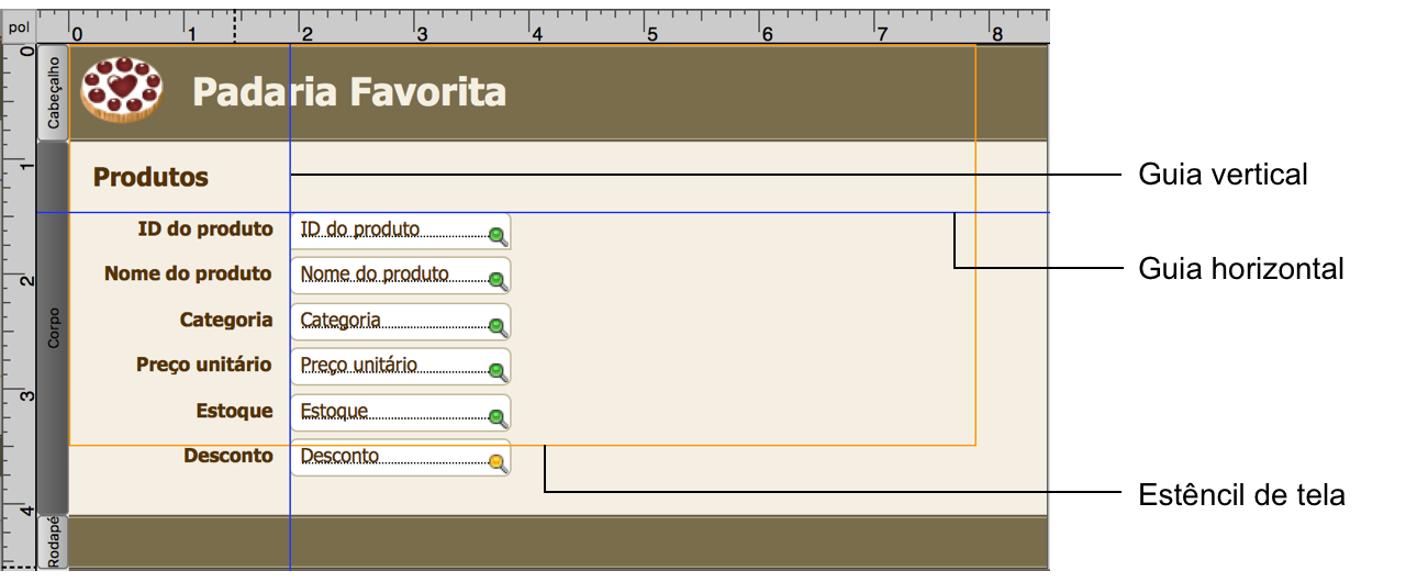 Layout com guias horizontal e vertical e estêncil de tela exibidos