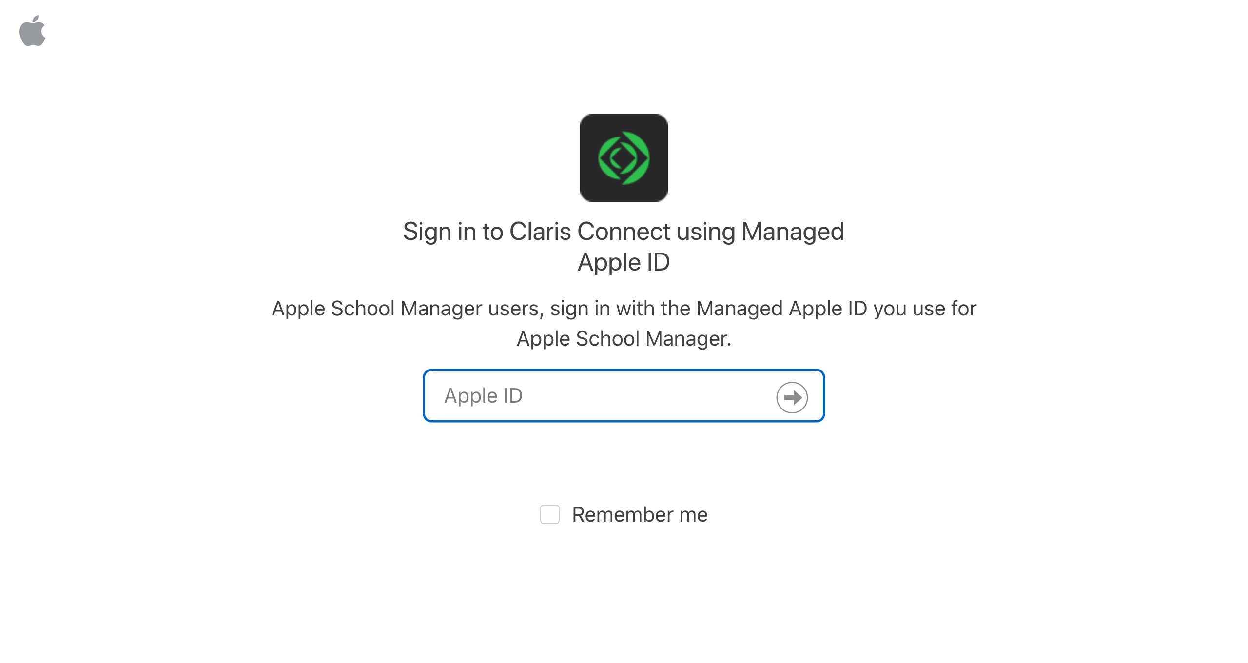 Logga in i Claris Connect med hanterat Apple-ID, ange ditt Apple-ID