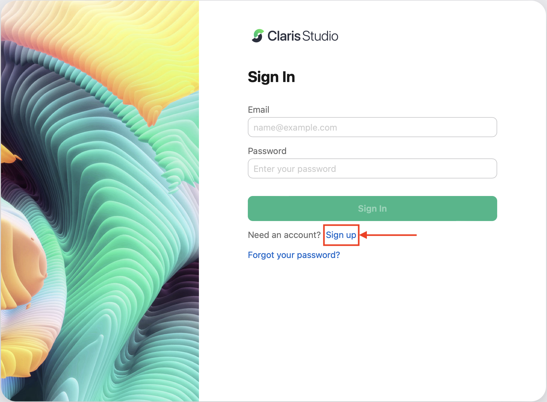 Claris Studio-sidan för inloggning med Registrera dig markerat
